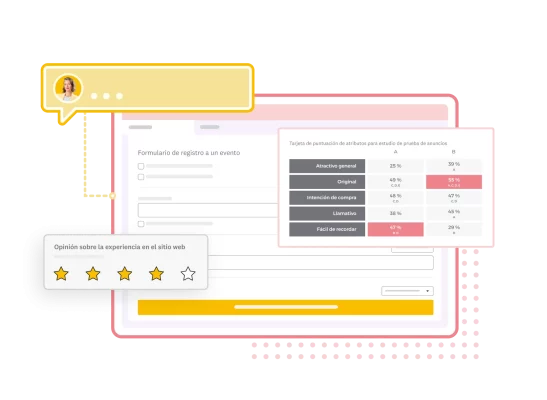 Capturas de pantalla de encuesta para registro a un evento, valoración con estrellas de experiencia en un sitio web y tarjeta de puntuación de atributos de un estudio de prueba de anuncios