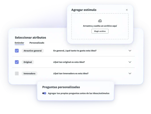 Pasos del análisis de ideas, con ventanas para agregar estímulos, seleccionar atributos y definir preguntas personalizadas