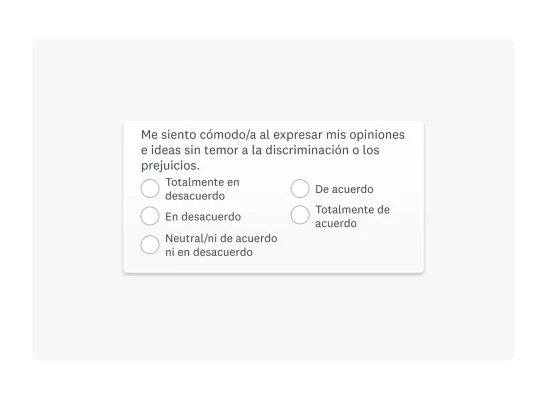 Pregunta de encuesta de opción múltiple con la afirmación: “Me siento cómodo/a al expresar mis opiniones e ideas sin temor a la discriminación o los prejuicios”.