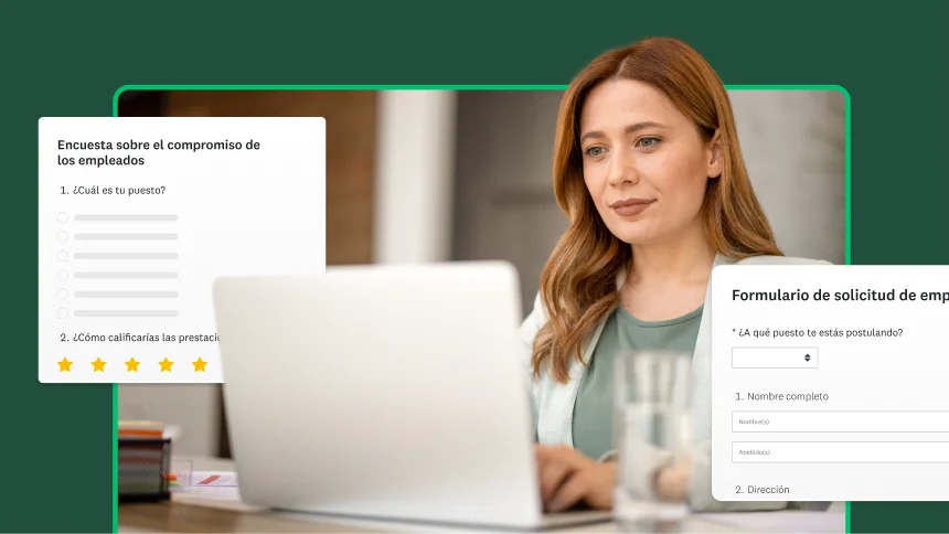 Una mujer trabaja en una computadora, junto a una encuesta de compromiso de los empleados
