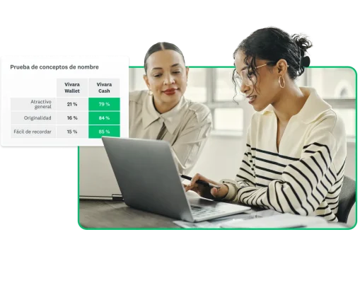 Dos personas que miran una computadora portátil junto a una captura de pantalla de una prueba de conceptos de nombre entre “Vivara Wallet” y “Vivara Cash”