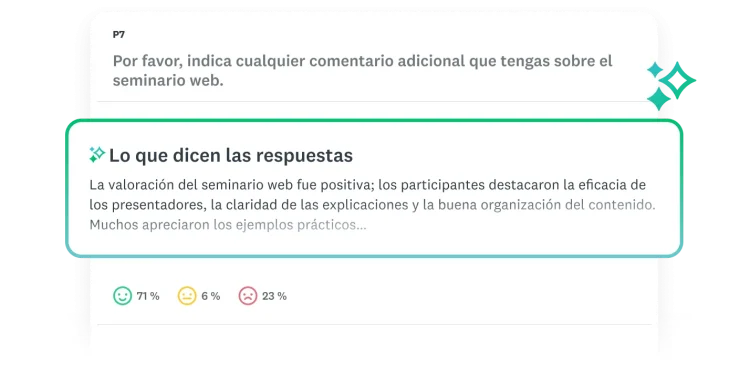 Ventana Lo que dicen las respuestas, con un resumen del análisis temático de una pregunta de encuesta