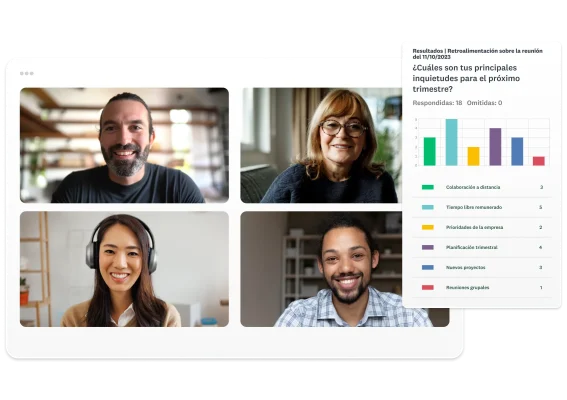 Captura de pantalla de una encuesta de retroalimentación sobre una reunión junto a una imagen de cuatro personas en una reunión virtual.