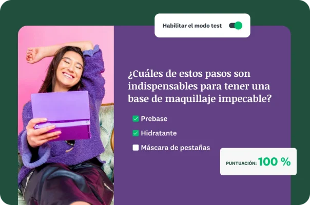 Una mujer sonriendo junto a una pregunta de un test de belleza y respuestas de opción múltiple con una puntuación del 100 %.