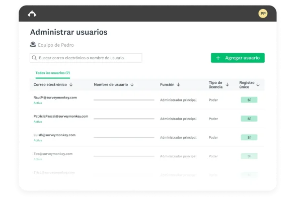 Pantalla para gestionar usuarios en SurveyMonkey