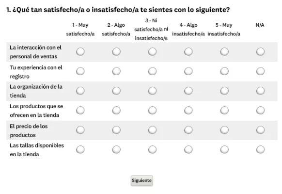 Preguntas de matriz sin ponderaciones