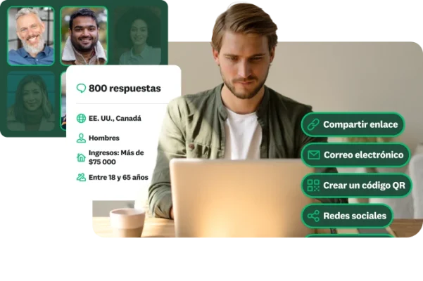 Un hombre trabaja en una computadora portátil con cuadros superpuestos a los lados que muestran los datos demográficos de ciertos encuestados y opciones para compartir una encuesta a través de un enlace web, por correo electrónico, con un código QR o en redes sociales.