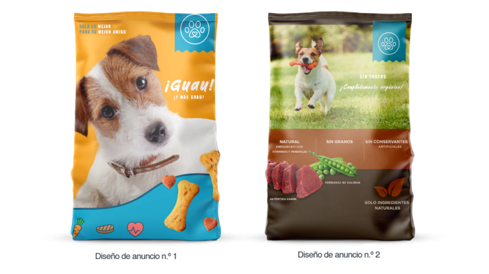 Dos paquetes diferentes para alimento para perros