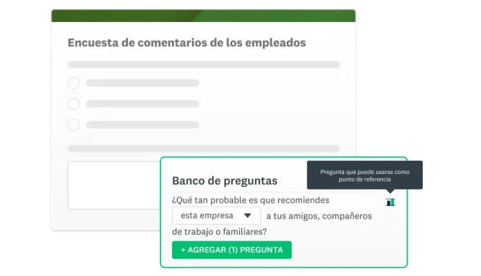 Captura de pantalla de la encuesta de comentarios de los empleados, junto al banco de preguntas que muestra preguntas sobre las recomendaciones de los empleados