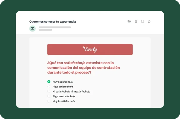 Vista previa de un correo electrónico de una encuesta de satisfacción de los candidatos sobre la comunicación durante el proceso de contratación.