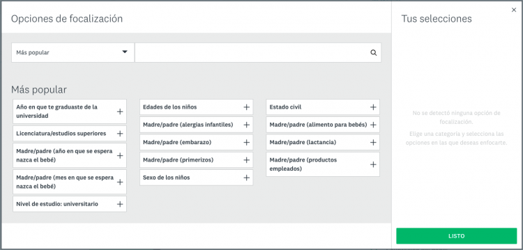 Opciones de focalización más populares en SurveyMonkey Audience