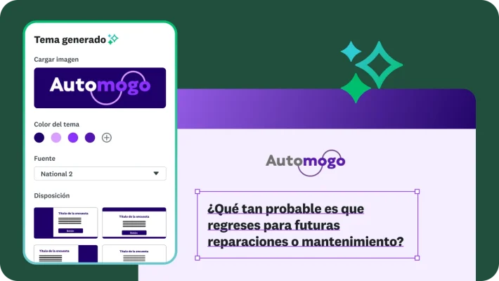 Una interfaz de diseño muestra cómo crear un tema de encuesta personalizado. Además, incluye opciones para cargar un logotipo, seleccionar colores del tema y elegir una fuente y un diseño. La vista previa de una encuesta muestra una pregunta para saber qué tan probable es que el usuario regrese para futuras reparaciones o mantenimiento, con el logotipo de la empresa Automogo.