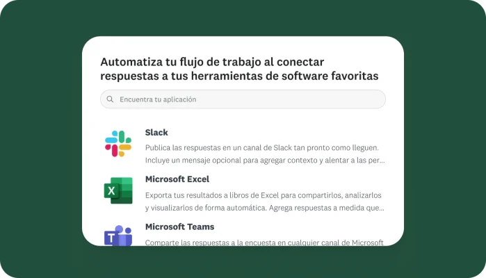 Captura de pantalla de varias integraciones de SurveyMonkey, incluidas Slack, Microsoft Excel y Microsoft Teams