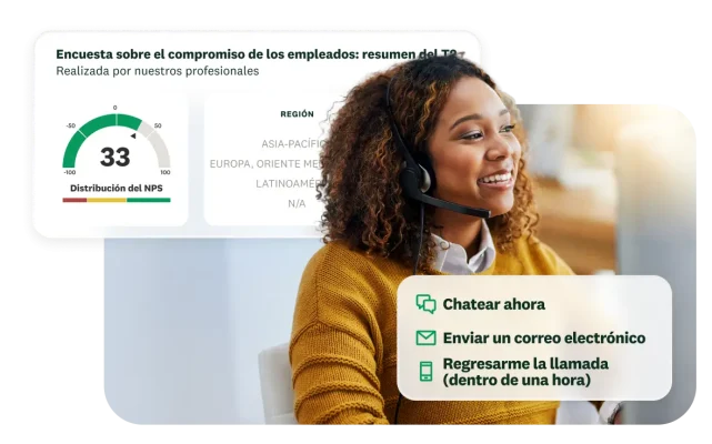 Una mujer con audífonos mira su computadora, junto a los resultados del resumen del segundo trimestre de la encuesta de percepciones rápidas sobre el compromiso de los empleados, con un NPS de 33