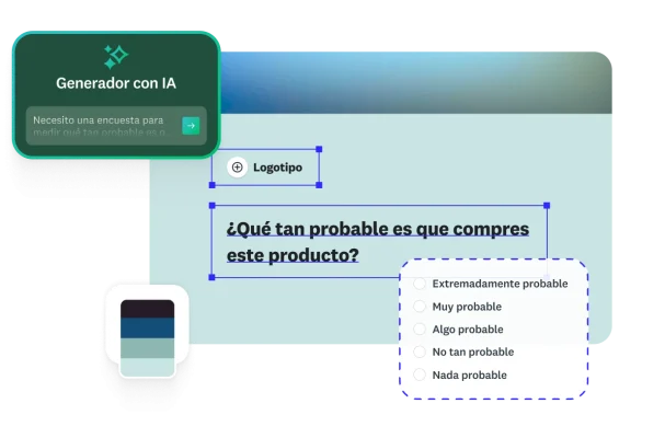 Una interfaz de usuario para crear encuestas con IA. Un cuadro de texto sugiere crear una encuesta para medir la probabilidad de que los clientes compren un producto. Un formulario de encuesta muestra una pregunta para saber qué tan probable es que el encuestado compre un producto, con opciones de respuesta en una escala de cinco puntos.