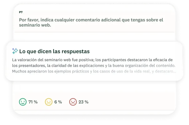 Ventana Lo que dicen las respuestas, con un resumen del análisis temático de una pregunta de encuesta