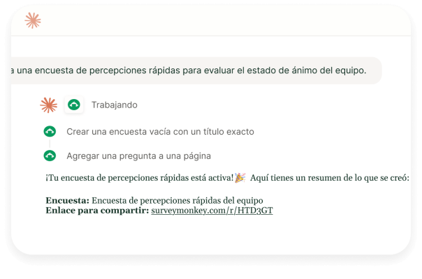 Interfaz que muestra a un asistente de IA que crea una encuesta de percepciones rápidas para evaluar el estado de ánimo del equipo y generar un enlace para compartir de SurveyMonkey.
