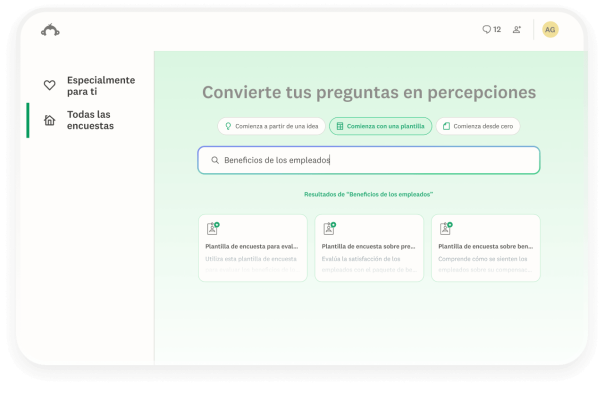 Una interfaz de SurveyMonkey que muestra una barra de búsqueda con el texto beneficios para empleados escrito. Debajo, 3 tarjetas de plantillas de encuesta como resultados de búsqueda.