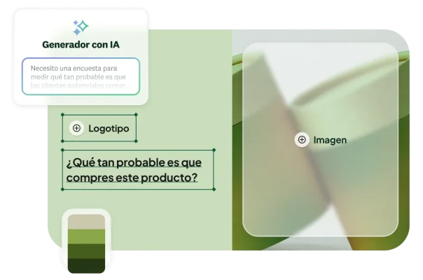 Interfaz del Generador con IA con una encuesta de opinión personalizable con logotipo, imagen y paleta de colores