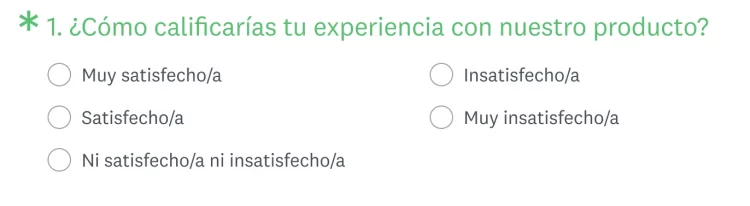 La pregunta sobre la puntuación de satisfacción del cliente en el producto SurveyMonkey