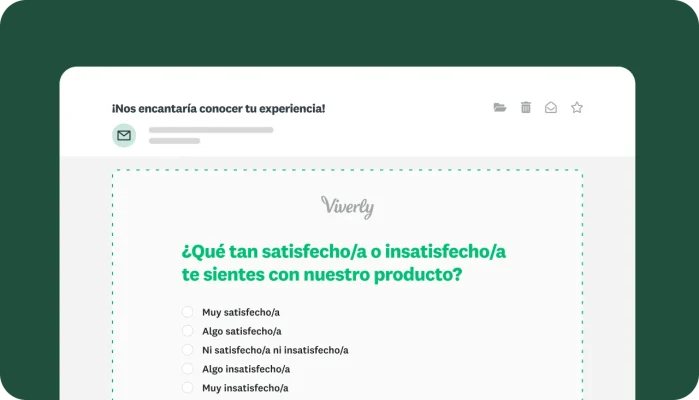 Pantalla de creación de encuesta con una pregunta sobre qué tan satisfecha o insatisfecha está la persona encuestada con un producto