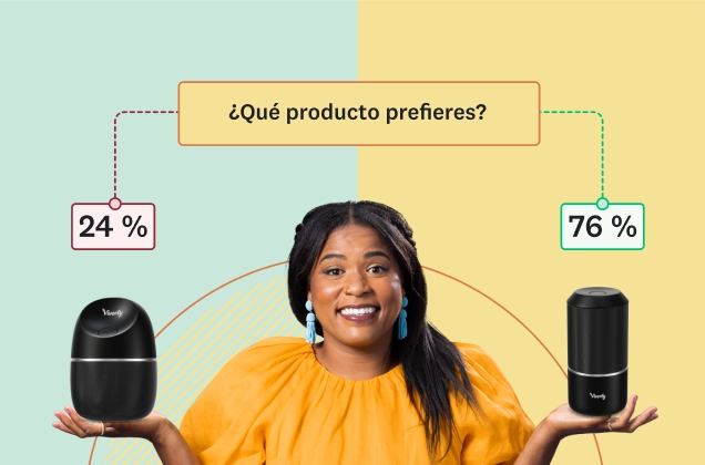 Mujer que sonríe y sostiene dos altavoces distintos, con la pregunta “¿Qué producto prefiere el usuario?” encima de ella