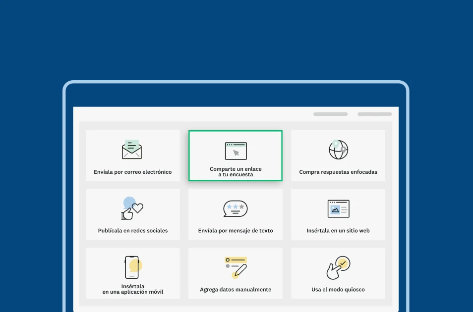 Captura de pantalla de la página de SurveyMonkey que muestra diferentes opciones para compartir una encuesta