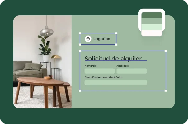 Una pantalla muestra un formulario de solicitud de alquiler con opciones de diseño.