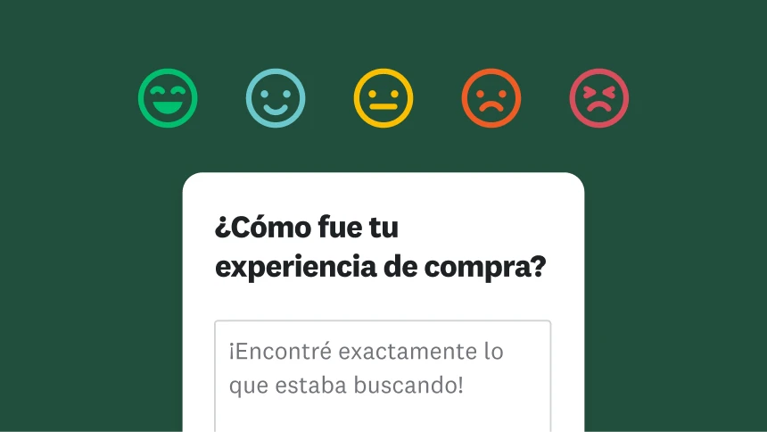Cinco emojis diferentes que van desde uno sonriente hasta uno que frunce el ceño, junto a la pregunta “¿Cómo fue tu experiencia de compra?” y una respuesta que dice: “¡Encontré exactamente lo que estaba buscando!”.