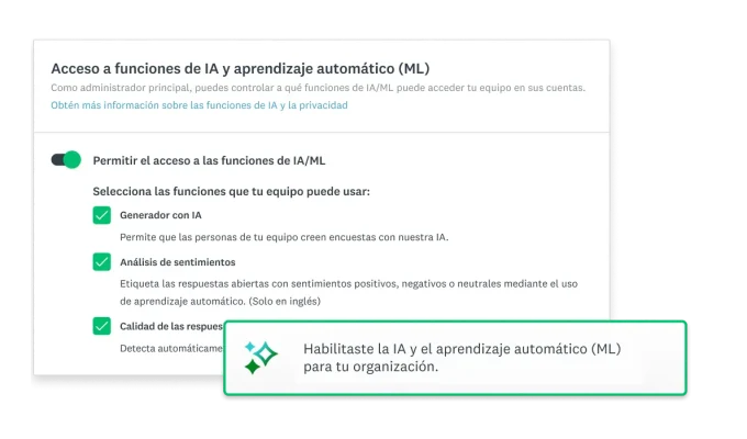 Captura de pantalla de usuario que habilita las funciones de IA y aprendizaje automático en SurveyMonkey