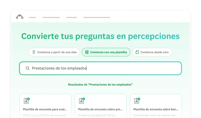 Cuadro de diálogo que dice Convierte tus preguntas en ideas, invitando al usuario a que escriba una pregunta y comience desde una plantilla, una idea o desde cero