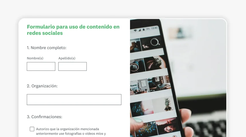 Captura de pantalla del formulario de consentimiento para uso de contenido en redes sociales de SurveyMonkey