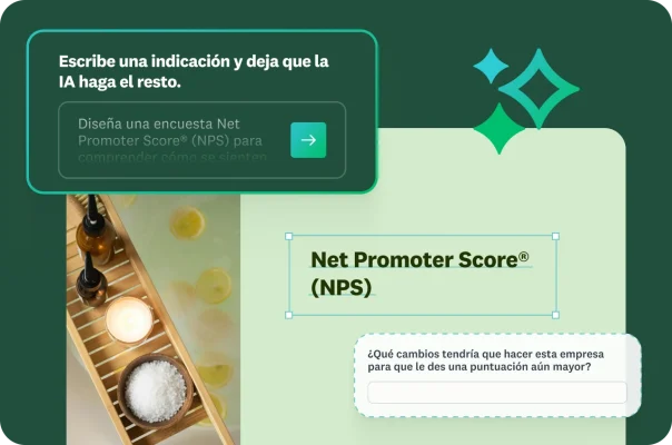 Ventana que pide al usuario que escriba indicaciones y deje que la IA haga el resto. Las indicaciones dicen: “Diseña una encuesta de NPS para conocer cómo se sienten los clientes” y junto a estas hay una captura de pantalla de una encuesta de NPS con la siguiente pregunta: “¿Qué cambios tendría que hacer esta empresa para que le des una calificación aún mayor?”