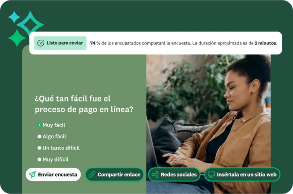Una mujer escribe en una computadora portátil, junto a una pregunta de encuesta sobre qué tan fácil fue el proceso de pago en línea, con una percepción que dice que la encuesta está lista para enviarse y que el 74 % de los encuestados la terminará