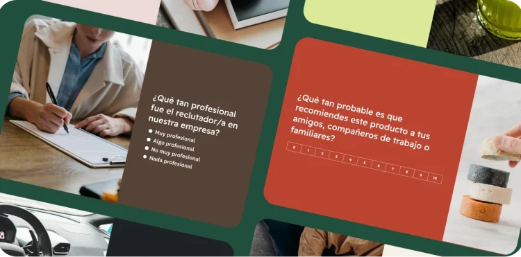 Dos plantillas de cuestionarios: una sobre el profesionalismo de un reclutador, otra de las probabilidades de recomendación de un producto.