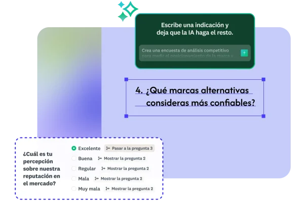 Generador con IA donde el usuario está creando una encuesta de análisis competitivo con solo escribir indicaciones y las preguntas se generan automáticamente.