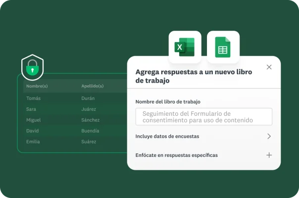 Un ícono de seguridad junto a un formulario con una lista de nombres. Una ventana emergente que indica “Agrega respuestas a un nuevo libro de trabajo", con opciones para Excel y Hojas de cálculo de Google.