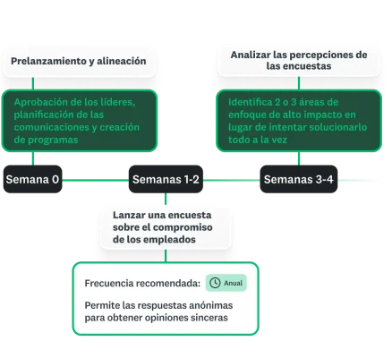 Cronograma del programa de compromiso de los empleados que muestra las actividades de la semana 0 a la semana 4, incluidas la preparación para el lanzamiento de la encuesta, la alineación del liderazgo y la obtención de los primeros datos.