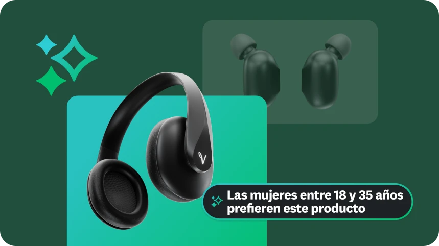 Gráfica con audífonos negros y un recuadro brillante superpuesto con un texto que destaca una idea específica.