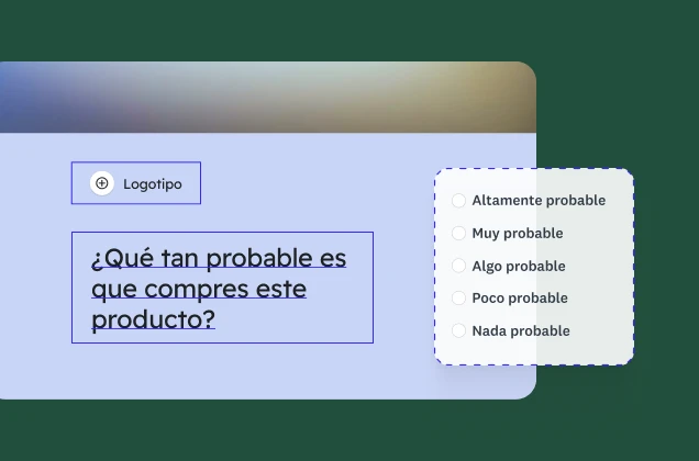 Un formulario de encuesta con una pregunta para saber qué tan probable es que un usuario compre un producto, con una escala de calificación de cinco puntos. Se ve un marcador de posición para un logotipo.