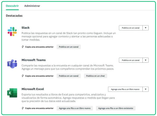 Captura de pantalla de la interfaz del producto de SurveyMonkey con las 3 aplicaciones disponibles hasta la fecha de esta publicación: Slack, Microsoft Teams y Microsoft Excel