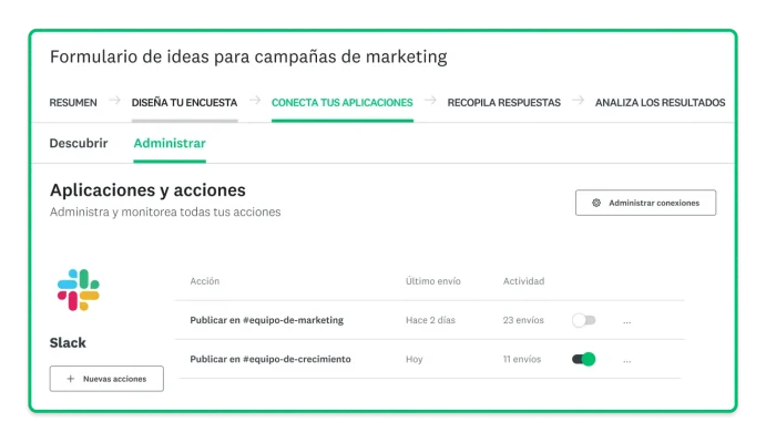 Captura de pantalla de la interfaz del producto de SurveyMonkey de la aplicación Slack disponible a través de Conecta tus aplicaciones