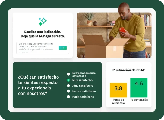 Imagen del modal que pide a los usuarios que escriban indicaciones y dejen que la IA haga el resto, con la siguiente indicación: “Quiero recopilar comentarios de nuestros clientes sobre la satisfacción general con nuestra empresa...”, junto a la pregunta de encuesta “En general, ¿cuál es tu nivel de satisfacción respecto a la experiencia con nuestra empresa?” y una gráfica de barras de la puntuación CSAT que muestra la comparación entre un punto de referencia y la puntuación obtenida