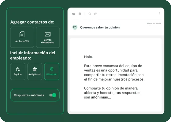 En una pantalla se muestran opciones para enviar una encuesta por correo electrónico a los contactos incluidos en un archivo CSV o en una cuenta de correo electrónico. Se incluye información del empleado como el equipo, la antigüedad y la ubicación, con una opción deslizante para que las respuestas sean anónimas.