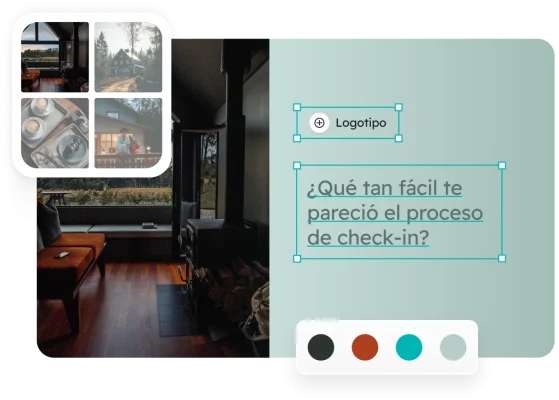 Pregunta sobre el proceso de check-in. Foto del interior de una cabaña con opciones de diseño superpuestas como logotipo y paleta de colores.