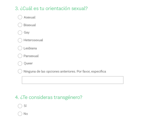 Captura de pantalla de dos preguntas de encuesta: “¿Cuál es tu orientación sexual?” ¿Te consideras transgénero?
