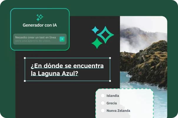 Una imagen de la Laguna Azul junto a una pregunta de un test de viajes e indicaciones de IA para crear un test.