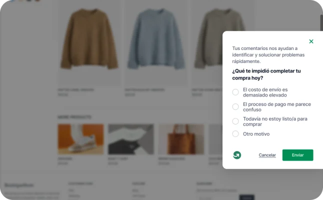 Un catálogo de productos de comercio electrónico con una encuesta de abandono de carrito de GetFeedback, donde se pregunta al usuario por qué abandona el sitio sin realizar una compra.