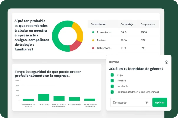 Gráficas y tablas que muestran los resultados de varias preguntas de la encuesta sobre experiencia laboral.