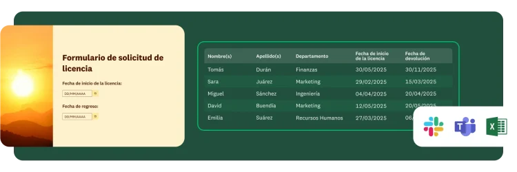 Plantilla de formulario para solicitud de licencia donde se pide las fechas de inicio y finalización de la licencia, junto a una tabla que muestra los nombres de varios empleados y las fechas de las licencias solicitadas